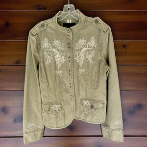 Nautica Jeans Military Olive Jacket L Embroidered Floral Cotton 90s Vintage